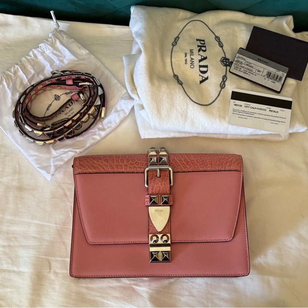Prada Elektra 1BD120 Pink Studded Flap Shoulder Bag City Calf + Croc Trim